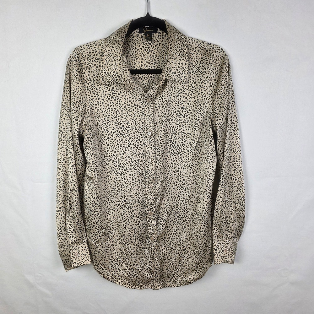 Japna Womens Leopard Print Satin Button Down Blouse Tan Black Size M RN116696